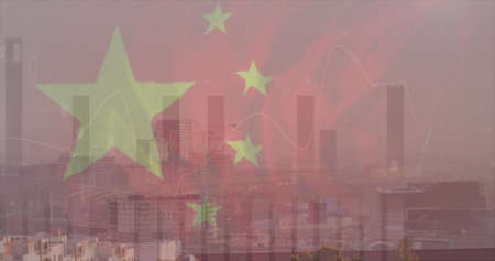 Image of flag of china and financial data processing over cityscape. chinese economy and business concept digitally generated image.の写真素材