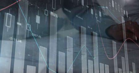 Image of financial data processing over businessman. global business, connections and data processing concept digitally generated image.の写真素材