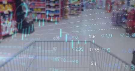 Image of statistics and financial data processing over empty shopping trolley. finances, shopping, price rise and inflation concept digitally generated image.の写真素材
