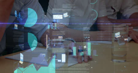 Image of financial data processing over business people in meeting. global business, connections and...