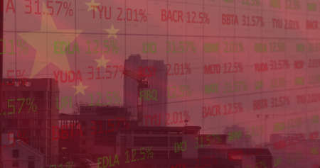 Image of flag of china and stock market over cityscape. chinese economy and business concept digitally generated image.の写真素材