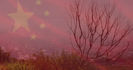 Image of flag of china over cityscape. chinese economy and business concept digitally generated image.の写真素材