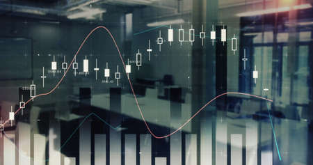 Image of financial data processing over office. global business, finances, digital interface and connections concept digitally generated image.の写真素材