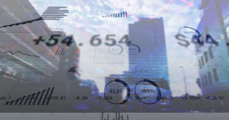 Image of financial data processing and statistics over cityscape. global business, finances, data processing and digital interface concept digitally generated image.の写真素材