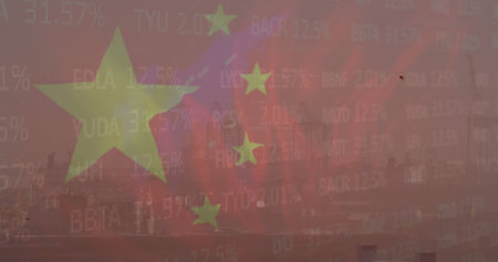 Image of flag of china and data processing over cityscape. chinese economy and business concept digitally generated image.の写真素材