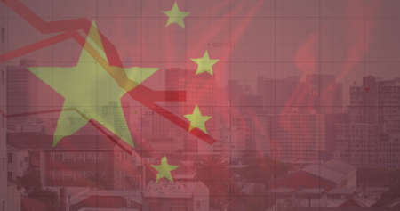 Image of flag of china and financial data processing over cityscape. chinese economy and business concept digitally generated image.の写真素材