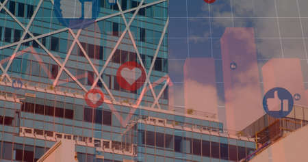 Image of social media heart icons and financial data processing over cityscape. global social media, data processing and digital interface concept digitally generated image.の写真素材