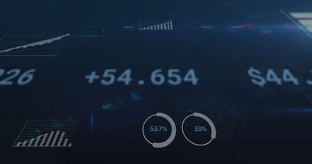 Image of statistics and financial data processing on blue background. global business, finances and digital interface concept digitally generated image.の写真素材