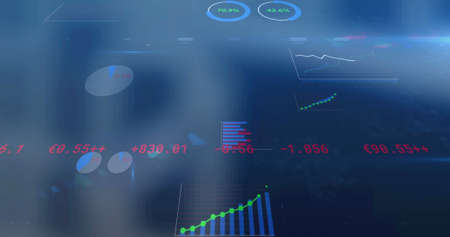 Image of statistics and financial data processing on blue background. global business, finances and digital interface concept digitally generated image.の写真素材