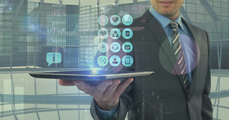 Image of financial data processing over man using tablet. global finances, business, digital...