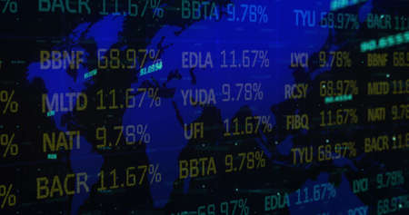 Image of financial data processing over black background. global business, finances, digital...
