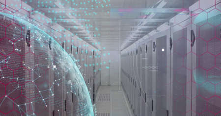 Image of financial data processing over server room. global business, connections, data processing...
