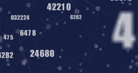 Image of financial data processing on blue background. global business, connections, data processing...
