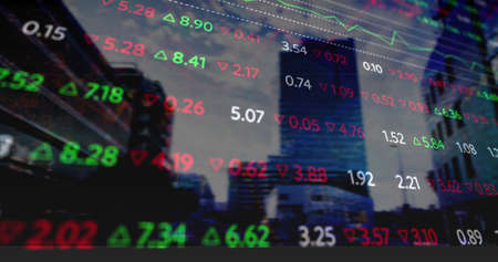 Image of statistics and financial data processing over cityscape. global business, finances and digital interface concept digitally generated image.の写真素材