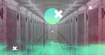 Image of financial data processing over server room. global business, connections, data processing...