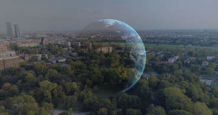 Image of social media icons and financial data processing over globe and cityscape. global social...