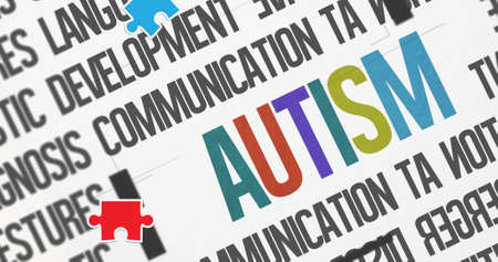 Image of red, green and blue autism awareness puzzles falling over autism text. autism and learning...