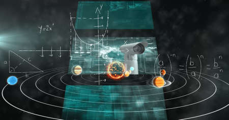 Image of screens with data processing over equations and solar system. global astronomy, science,...