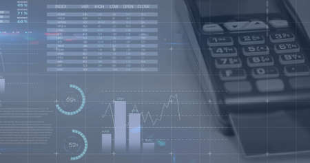 Digital image of statistical data processing over grid network against credit card machine. wireless...