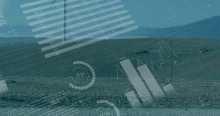 Image of financial data processing over wind turbine. global environment, ecology, finances,...