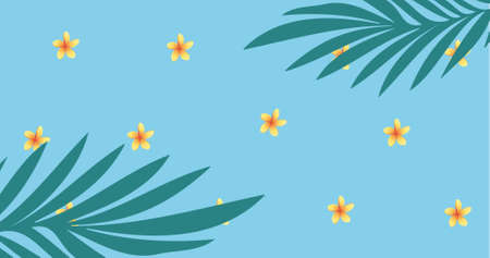 Image of yellow flowers pulsating in formation over tropical leaves on blue background. colour,...