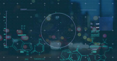 Image of scope scanning and chemical structural compounds data processing in background. Digital...
