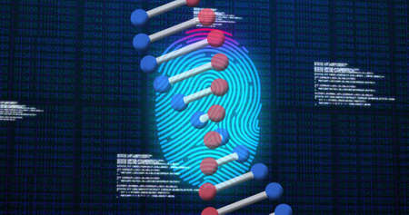Image of scanning fingerprint, with 3d dna strand and research data processing on black. global...