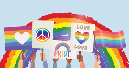Image of lgbtq demonstration posters and rainbow flags over rainbow. human rights, lgbtq and...