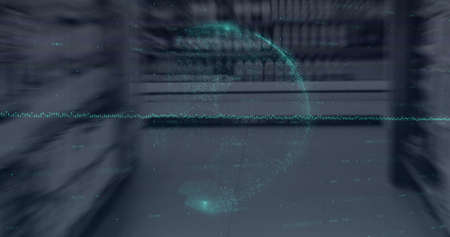 Image of globe and data processing over empty premises interiors. global data processing, business,...