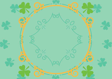 Digital generated image of shamrocks and decorative designs with copy space on green background. st. patrick day template background design conceptの写真素材