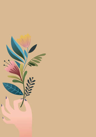 Digitally generated image of hand holding a flower with copy space against brown background. abstract floral template background design conceptの写真素材
