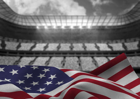 Digital composite image of american flag waving against sports stadium in background. patriotism and sports conceptの写真素材