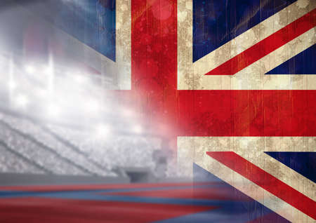Digital composite image of faded great britain flag against sports stadium. patriotism and sports...