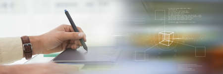 Cropped image of woman hand writing on a notepad at desk in office. with digital office interface concept background. digitally generated image.の写真素材