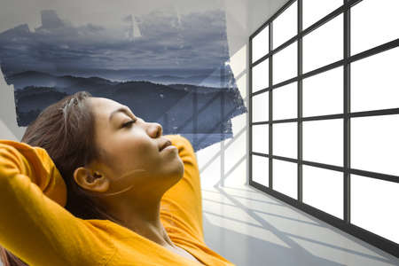 Composite image of asian woman sleeping against wall and office window with copy space. office and...