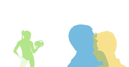 Silhouette of fit woman working out and silhouettes of men with copy space on white background. emotions and people conceptの写真素材