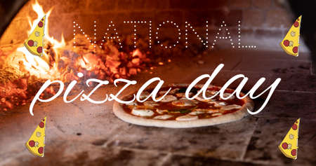 Digital composite image of pizza day text and slices over pizza in brick oven. national pizza day, food, unhealthy food, baking, fire, preparation, communication and celebration.の写真素材