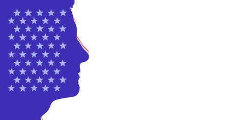 Digitally generated image of stars on blue male face side view cut out over white background. copy...