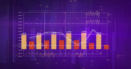 Image of statistics and financial data processing over grid on purple background. global business,...