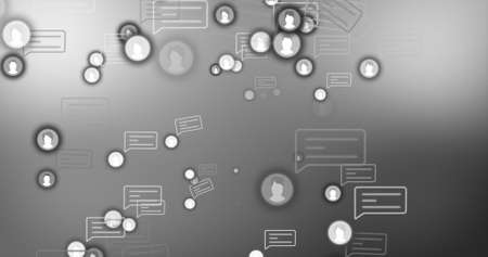 Image of media icons and speech bubbles on gray background. social media and communication interface concept digitally generated image.の写真素材