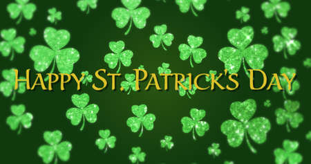 Image of the words Happy St. Patricks Day written in green letters, with multiple green shamrock...
