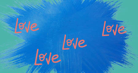 Image of love texts moving on blue background. fashion and accessories background pattern concept digitally generated image.の写真素材