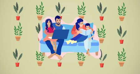 Image of happy family embracing on green background. happy family, love and support concept digitally generated image.の写真素材