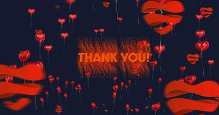 Image of thank you text in red with red hearts flying up on black background. retro communication, love and gratitude concept digitally generated image.の写真素材
