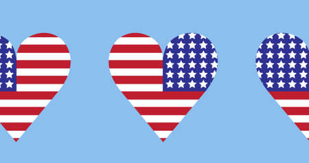 Image of hearts coloured with american flag moving over blue background. patriotism and celebration concept digitally generated image.の写真素材