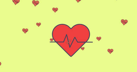 Digital image of multiple heart rate icon floating against yellow background. medical and healthcare conceptの写真素材