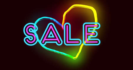 Image of neon heart and sale text on black background. trade, prices, promotions and sales digitally generated image.の写真素材