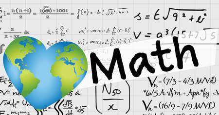 Image of heart globe and math text over mathematical equations in school notebook. learning and maths education concept digitally generated image.の写真素材