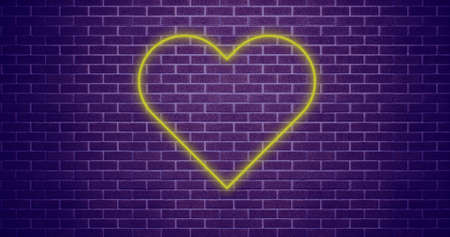 Image of flickering heart social media icon on purple brick wall. social media and communication concept digitally generated image.の写真素材