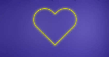 Image of neon heart icon over purple background. social media, connections and digital interface concept digitally generated image.の写真素材